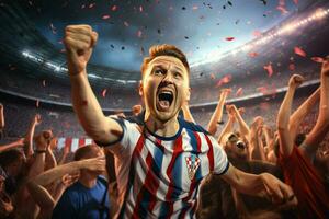 emocionado Croacia fútbol americano aficionados aplausos para su equipo durante un juego a estadio. ai generado Pro foto