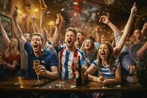 Excited Croatia football fans cheering for their team during a game at stadium. ai generated pro photo