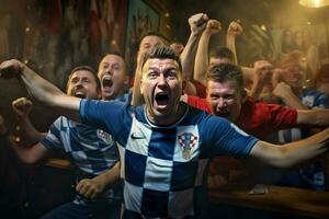 Excited Croatia football fans cheering for their team during a game at stadium. ai generated pro photo