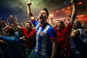 Excited Croatia football fans cheering for their team during a game at stadium. ai generated pro photo