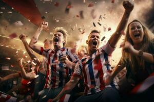Excited Croatia football fans cheering for their team during a game at stadium. ai generated pro photo