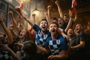 Excited Croatia football fans cheering for their team during a game at stadium. ai generated pro photo