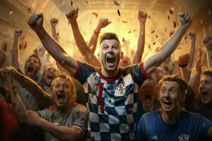 Excited Croatia football fans cheering for their team during a game at stadium. ai generated pro photo