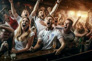 emocionado Inglaterra fútbol americano aficionados aplausos para su equipo durante un juego a estadio. ai generado Pro foto