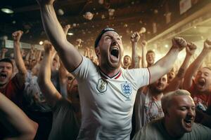 emocionado Inglaterra fútbol americano aficionados aplausos para su equipo durante un juego a estadio. ai generado Pro foto