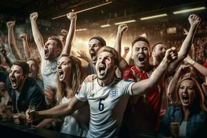 emocionado Inglaterra fútbol americano aficionados aplausos para su equipo durante un juego a estadio. ai generado Pro foto