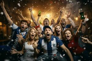 Excited France football fans cheering for their team during a game at stadium. ai generated pro photo