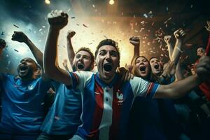 Excited France football fans cheering for their team during a game at stadium. ai generated pro photo