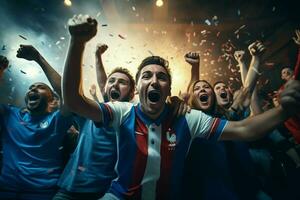 emocionado Francia fútbol americano aficionados aplausos para su equipo durante un juego a estadio. ai generado Pro foto