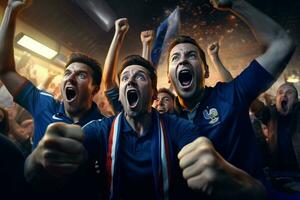 Excited France football fans cheering for their team during a game at stadium. ai generated pro photo