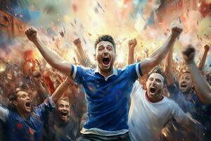 Excited France football fans cheering for their team during a game at stadium. ai generated pro photo