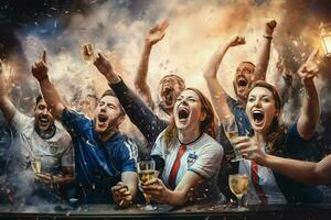 Excited France football fans cheering for their team during a game at stadium. ai generated pro photo