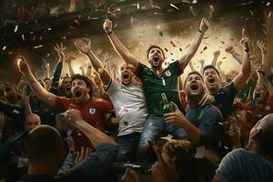 Excited Italy football fans cheering for their team during a game at stadium. ai generated pro photo