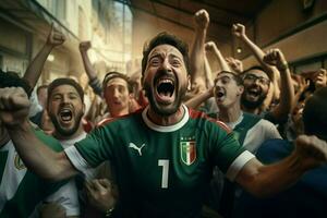 Excited Italy football fans cheering for their team during a game at stadium. ai generated pro photo