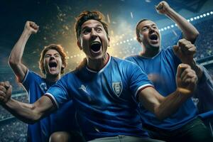 Excited Italy football fans cheering for their team during a game at stadium. ai generated pro photo