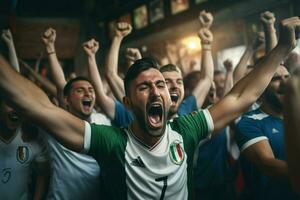 Excited Italy football fans cheering for their team during a game at stadium. ai generated pro photo