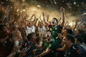 Excited Italy football fans cheering for their team during a game at stadium. ai generated pro photo