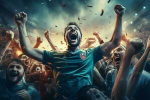 Excited Italy football fans cheering for their team during a game at stadium. ai generated pro photo