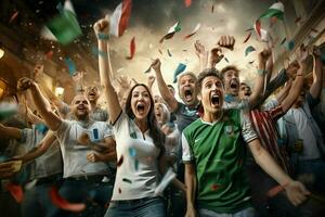 Excited Italy football fans cheering for their team during a game at stadium. ai generated pro photo