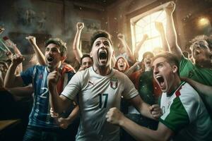 Excited Italy football fans cheering for their team during a game at stadium. ai generated pro photo