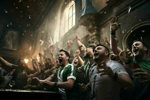 Excited Italy football fans cheering for their team during a game at stadium. ai generated pro photo