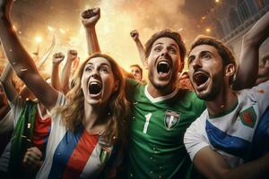 Excited Italy football fans cheering for their team during a game at stadium. ai generated pro photo