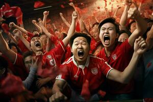 Excited Japan football fans cheering for their team during a game at stadium. ai generated pro photo