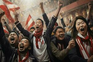 emocionado Japón fútbol americano aficionados aplausos para su equipo durante un juego a estadio. ai generado Pro foto