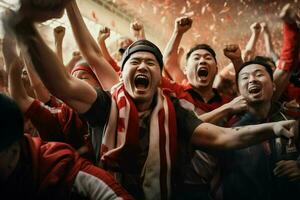 Excited Japan football fans cheering for their team during a game at stadium. ai generated pro photo