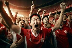 Excited Japan football fans cheering for their team during a game at stadium. ai generated pro photo