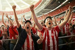 Excited Japan football fans cheering for their team during a game at stadium. ai generated pro photo