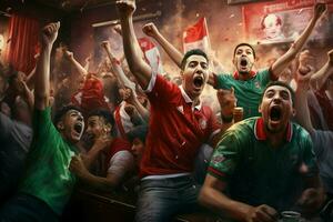 Excited Morocco football fans cheering for their team during a game at stadium. ai generated pro photo