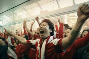 Excited Japan football fans cheering for their team during a game at stadium. ai generated pro photo