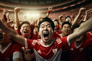 Excited Japan football fans cheering for their team during a game at stadium. ai generated pro photo