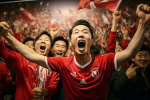 emocionado Japón fútbol americano aficionados aplausos para su equipo durante un juego a estadio. ai generado Pro foto