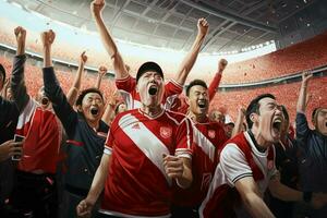 Excited Japan football fans cheering for their team during a game at stadium. ai generated pro photo