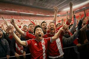 Excited Japan football fans cheering for their team during a game at stadium. ai generated pro photo