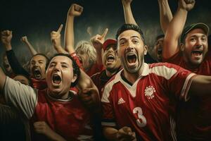 Excited Morocco football fans cheering for their team during a game at stadium. ai generated pro photo