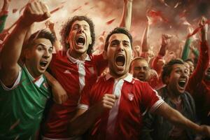 Excited Morocco football fans cheering for their team during a game at stadium. ai generated pro photo