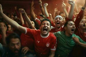 Excited Morocco football fans cheering for their team during a game at stadium. ai generated pro photo