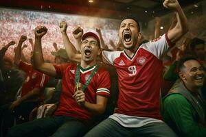 emocionado Marruecos fútbol americano aficionados aplausos para su equipo durante un juego a estadio. ai generado Pro foto