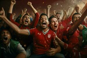 Excited Morocco football fans cheering for their team during a game at stadium. ai generated pro photo