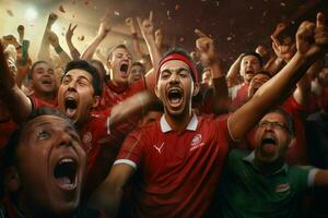 Excited Morocco football fans cheering for their team during a game at stadium. ai generated pro photo