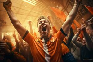 Excited Netherlands football fans cheering for their team during a game at stadium. ai generated pro photo