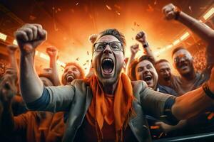 Excited Netherlands football fans cheering for their team during a game at stadium. ai generated pro photo