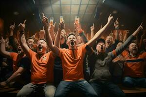 Excited Netherlands football fans cheering for their team during a game at stadium. ai generated pro photo