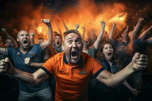 Excited Netherlands football fans cheering for their team during a game at stadium. ai generated pro photo