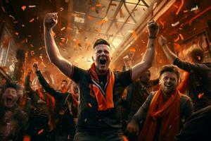 Excited Netherlands football fans cheering for their team during a game at stadium. ai generated pro photo