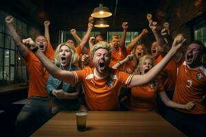 Excited Netherlands football fans cheering for their team during a game at stadium. ai generated pro photo