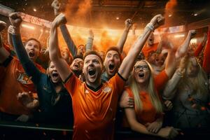 Excited Netherlands football fans cheering for their team during a game at stadium. ai generated pro photo